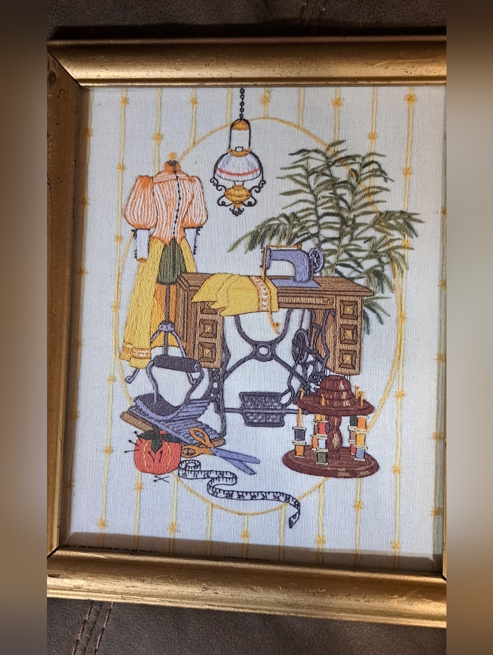 Vintage Framed Victorian Sewing Room Wood Framed Needlepoint Crewel Embroidery